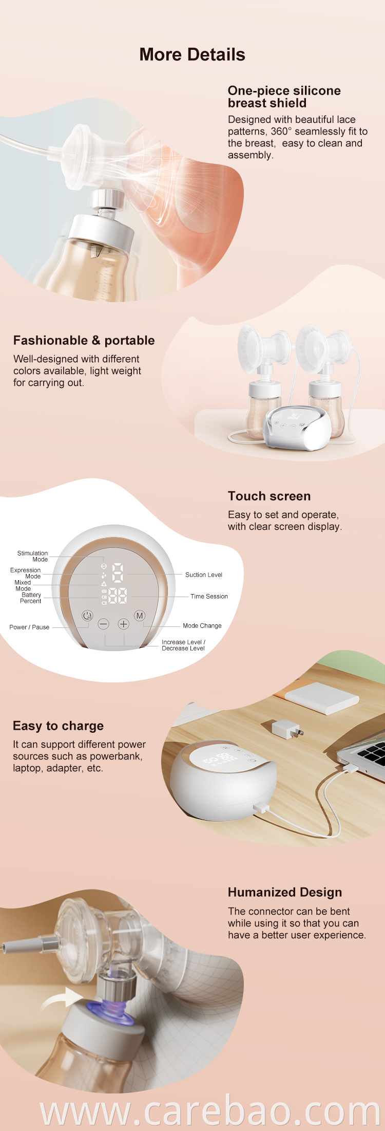 Carebao Premium Rechargeable Hands Free Portable Double Sides Electric Breast Pump For Mother Breastfeeding